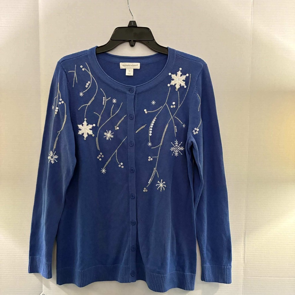Christopher Banks Cardigan Womens M Blue Snowflake Embroidered Sequin Christmas